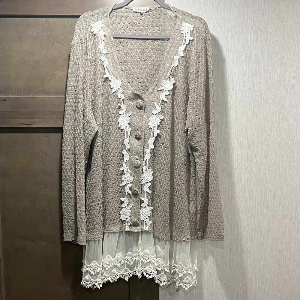 Indigo Soul Tan Cardigan with White Lace Trim